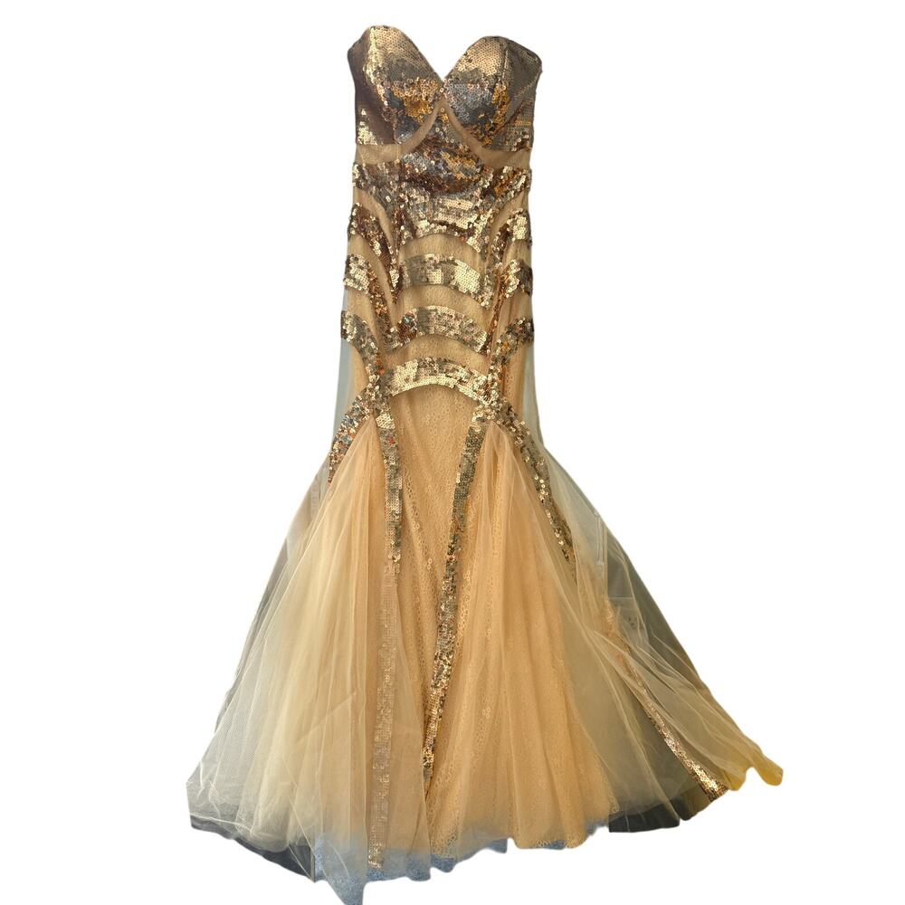 Jovani Strapless Gold Sequin Mermaid Prom Gown Nude Lace, Size 2 Vintage Formal